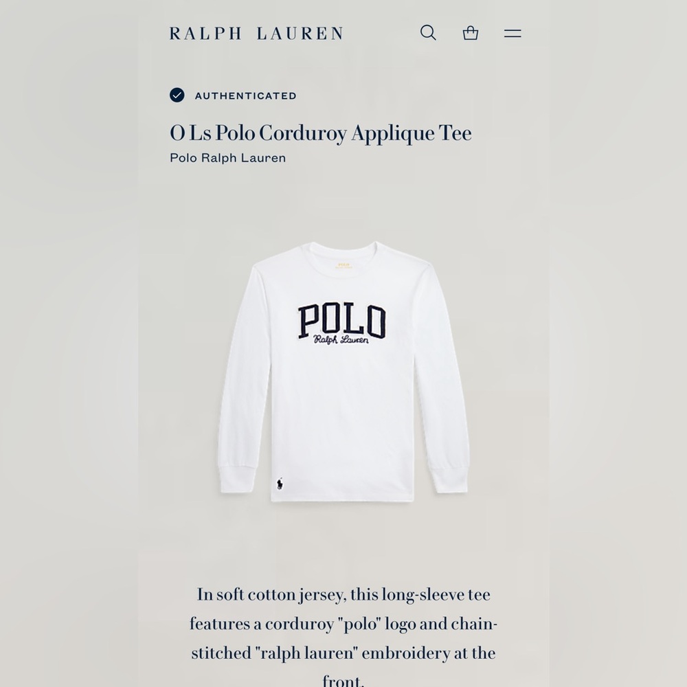 Polo Ralph Lauren boys white long sleeve tee with navy blue for decal color